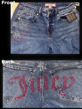 Juicy Couture Y2K Strawberry Rhinestone Accent Juicy Logo Wide Leg Jeans 26 New
